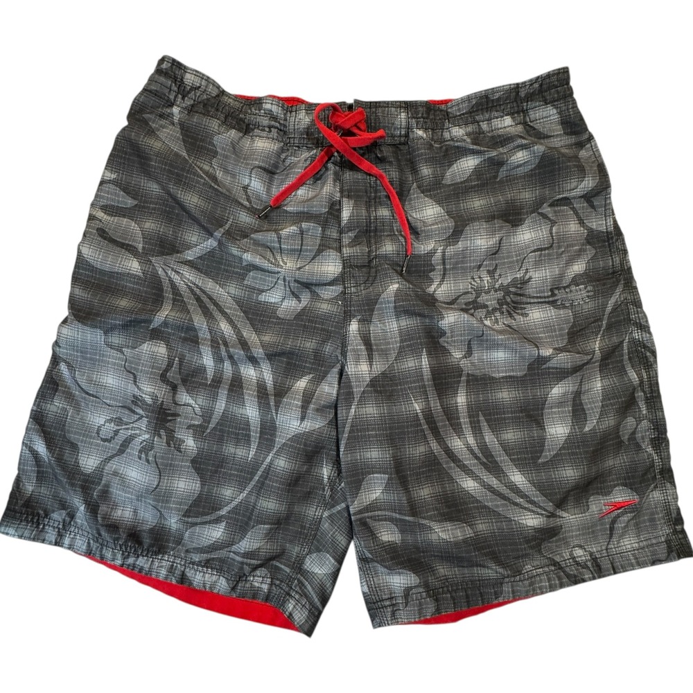 Speedo Board Shorts Men's XL Gray Floral Plaid Swim Trunks Beach Surfwear